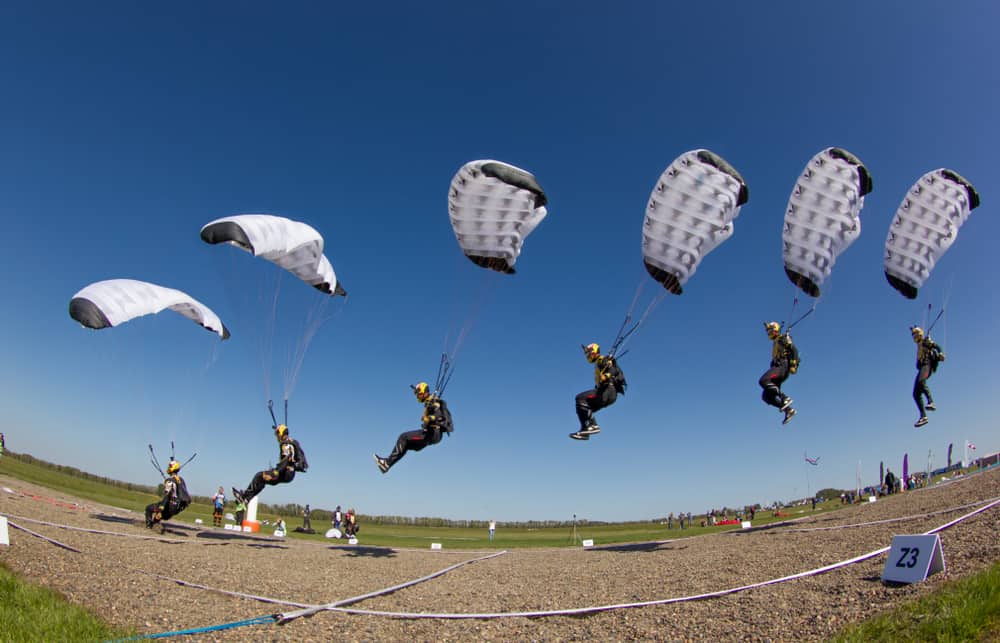 Parachutist swoop landing.